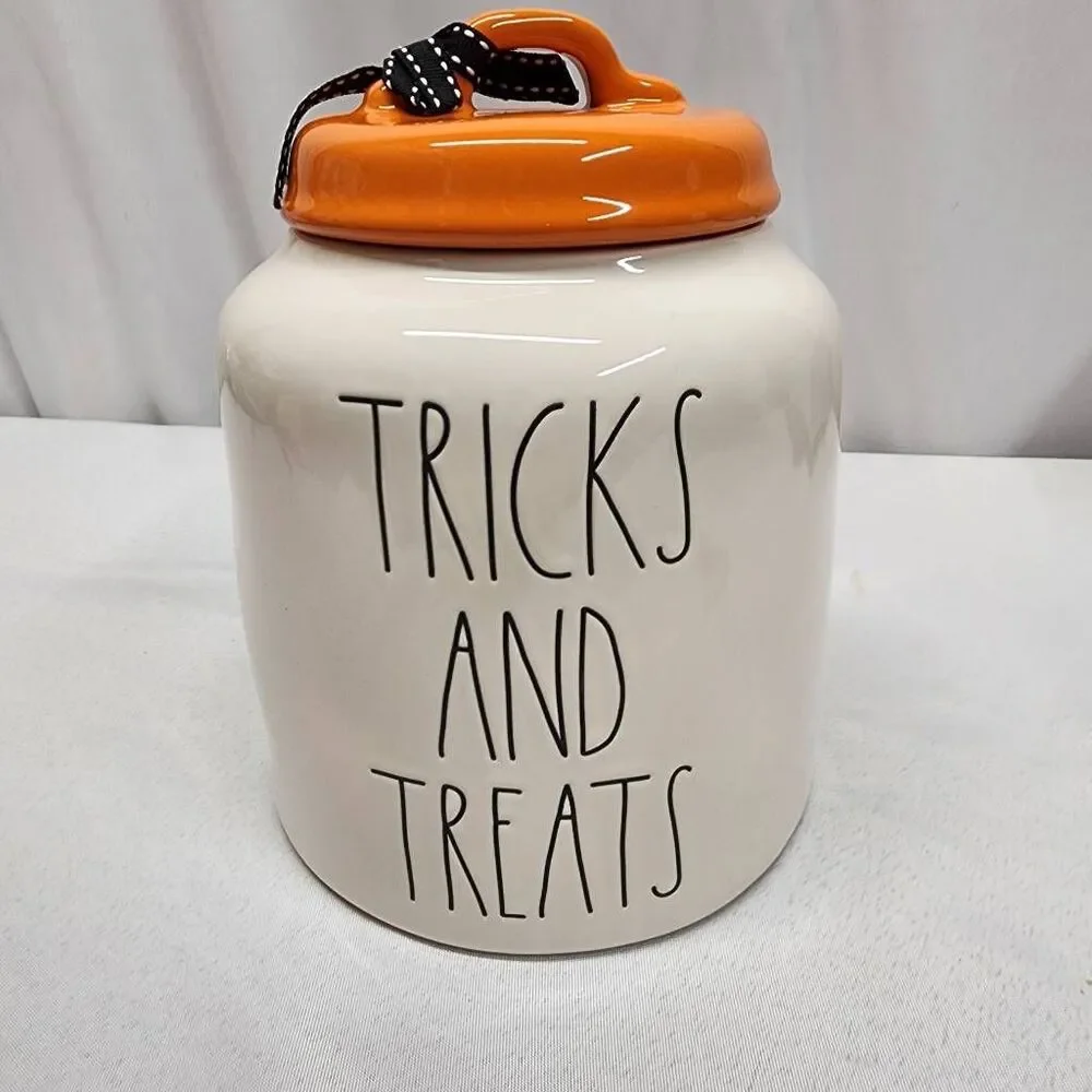 Rae Dunn TRICKS AND TREATS Halloween Canister Orange Lid Ceramic Cookie Treat Ja